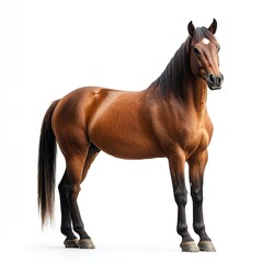 Obraz premium A majestic brown horse standing tall on a pure white background, its mane flowing, sharp focus, studio lighting, full-body shot, side profile. 