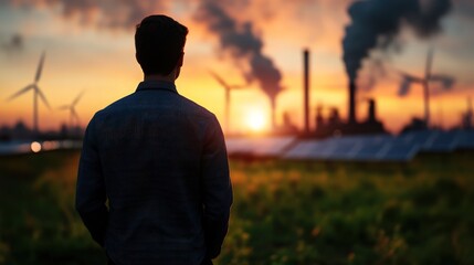 Fototapeta premium A man contemplates the contrast between renewable and polluting energy sources at sunrise