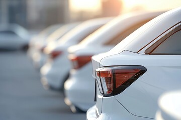 A row of white cars parked in a lot, showcasing their sleek design and modern features against a soft-focus background.