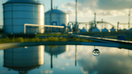 Obraz premium Close-up of water droplet falling from cooling tower, symbolizing Legionnaires' disease risk in industrial water systems, environmental health and safety concept.