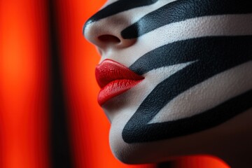 Close-up profile of a woman with zebra-like face paint and vibrant red lips