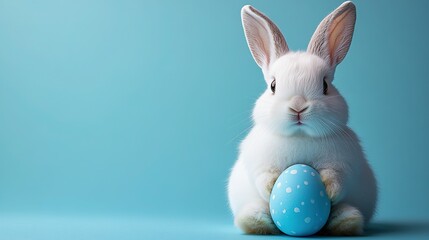 Obraz premium Photo of a white Easter bunny sitting and holding a blue-colored egg on a light blue background. This image represents the Easter concept, with ample copy space for text