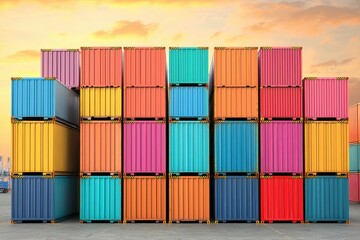 A vibrant arrangement of colorful shipping containers stacked against a beautiful sunset, creating a striking industrial scene.