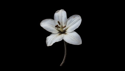 Obraz premium Single white lily flower isolated on a black background.