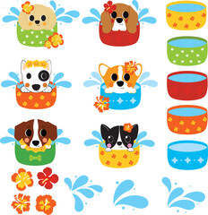 Songkran festival clip art, cute dog in water bowl, Thai New Year illustration, puppy water splash, adorable pet clip art, kawaii dog with flowers, tropical dog graphics, water festival dog