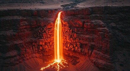 Glowing Liquid Flowing Down Cliff with Various Metal Parts