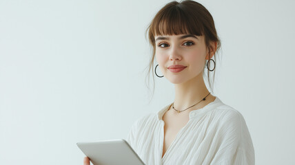 A confident Russian designer showcases creativity in a bright studio with a digital tablet Generative AI