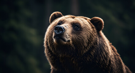 Fototapeta premium Grizzly Bear Portrait Looking Upwards in Natural Dark Forest Habitat