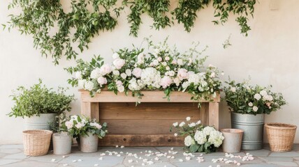 Rustic flower stand filled with pink peonies and hydrangeas in a charming setting Generative AI