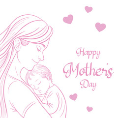 Happy Mother's Day, Loving Mother And Child Line Art, Vector Illustration for Holiday Celebrations, Mother’s Day Background With Text, Gifts for Mother