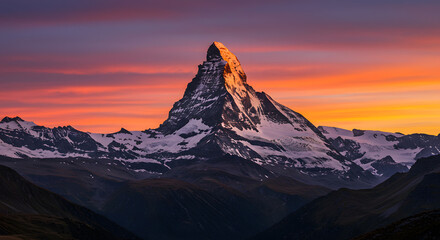 Majestic Matterhorn Peak at Sunset with Colorful Sky in Switzerland