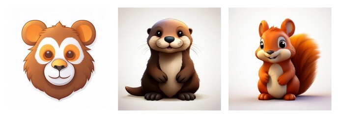 Obraz premium Adorable cartoon animals: bear, otter, and squirrel, perfect for kids education and childhood learning. Fun animal illustrations.