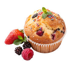 Tasty muffin cake top view isolated on white background