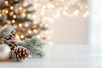 Festive pinecones and baubles adorning a snowy branch with warm holiday lights in the background