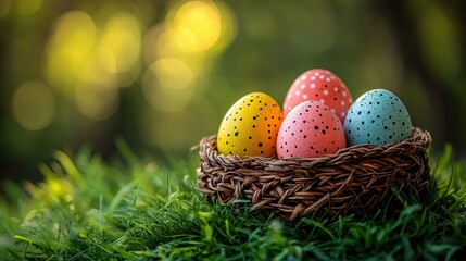 Obraz premium Easter background with green grass, a wooden table, and colorful eggs in a nest on a spring nature landscape. Easter banner with copy space for product presentation