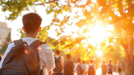 Student Walking in a Sunlit Park Surrounded by Nature, Glowing Sunshine Through Leaves, Beautiful Bright Afternoon Scene