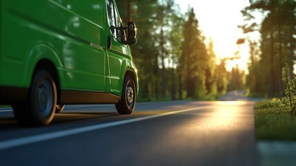 Green delivery van on a forest road at sunset