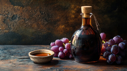 A dark amber glass bottle filled with aged balsamic vinegar, sealed with a cork stopper, sitting on a distressed wooden table