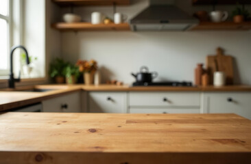 Fototapeta premium wooden tabletop mockup cutting table on light kitchen background.