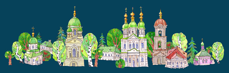Border pattern of fairy tale Christian monastery churches and houses. Hand drawn colored pencils sketch on a dark blue background
