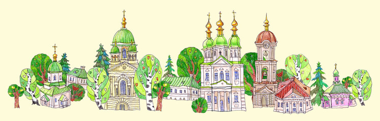 Border pattern of fairy tale Christian monastery churches, houses and trees. Hand drawn colored pencils sketch on a beige background