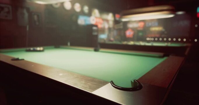 A well used pool table sits under warm lighting in a cozy bar, inviting players to engage in friendly matches while surrounded by vintage decor and soft music.