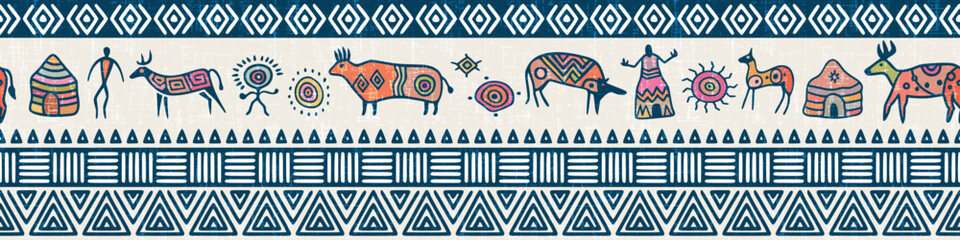 Ethnic seamless border on the theme of rock paintings, petroglyphs and geometric pattern, vector design, banner