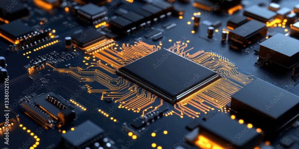 Poster intricate network of a circuit board glowing with golden light in a dim environment showcasing techn