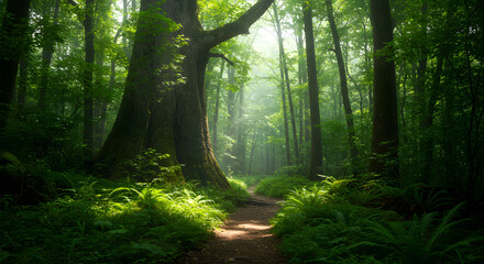 Obraz premium Walking Trail Through Lush Green Forest with Sunlight and Tall Trees