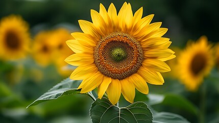 Fototapeta premium Vibrant Yellow Sunflower Close Up in a Field of Sunflowers on a Sunny Day