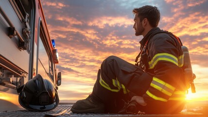 Reflective firefighter captures the beauty of a sunset after a hard day Generative AI