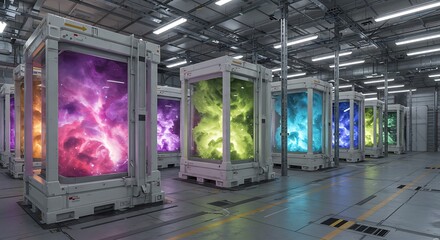 Colorful Nebulae Inside Containers in Factory Warehouse Interior