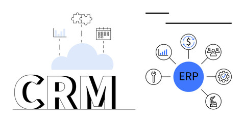 CRM text connected to cloud icons representing analytics, settings, and planning. On the side, ERP in a hub with icons for finance, analytics, planning, and tools. Ideal for business technology