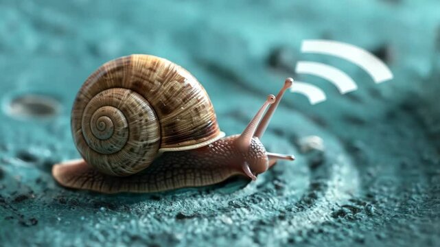 Conceptual video snails with a Wi-Fi signal icon, symbolizing a slow Internet connection.