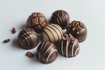 Fototapeta premium Artisan chocolate collection displayed with cocoa beans on a chic grey background