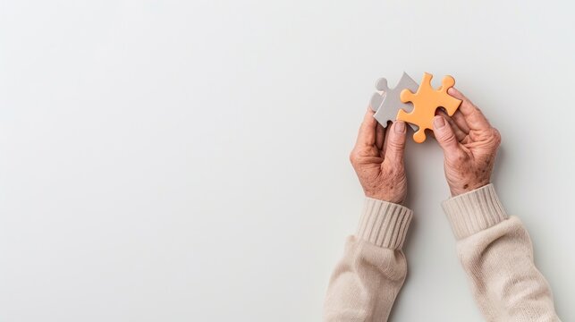 Elderly hands assembling puzzle pieces on a light surface, creating a sense of connection and completion with vibrant colors and soft textures