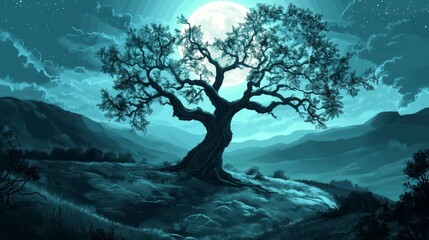 Majestic Oak Tree Under a Full Moon in a Serene Mountain Landscape