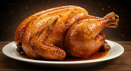 Roasted Chicken with Glaze Garnished on White Plate for Dinner Meal