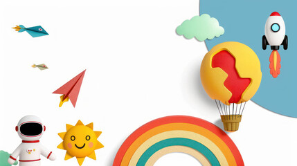 Fototapeta premium Colorful and Playful Paper Crafts with Balloon, Rocket, Sun, and Clouds for Children's Decor and Playful Imagery