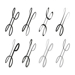 Scissors variations set. Abstract cutting symbols. Thin and bold lines. Black white contrast.