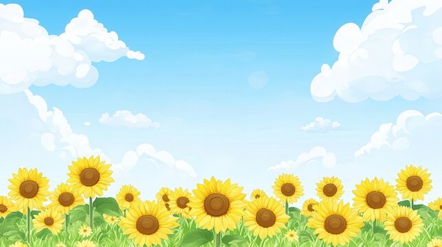 Sunny Day Sunflowers in a Field Blue Sky and Fluffy Clouds