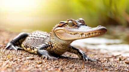 Fototapeta premium A baby alligator lying in the sun on the banks of a river, with its small size and scaly skin, ideal for swamp or wildlife-themed designs.