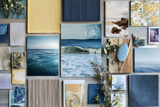 Coastal-inspired mood board with ocean photography and natural elements.