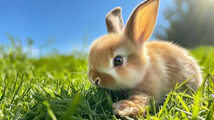 Fototapeta premium A baby bunny munching on fresh green grass in a sunny meadow, its soft fur and tiny paws making it irresistibly adorable.