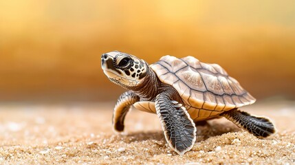 Fototapeta premium A baby turtle crawling across a sandy beach, with its small shell and tiny legs, ideal for marine or beach-themed designs with a peaceful vibe.