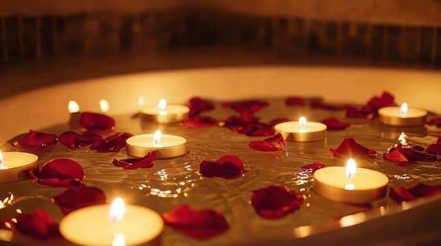 Romantic bath with candles and rose petals