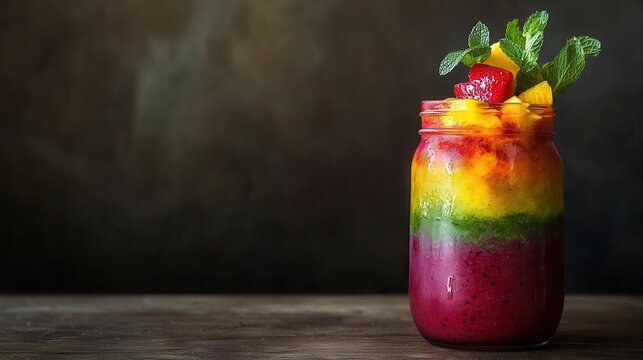 Layered Fruit Smoothie in a Mason Jar on Wood