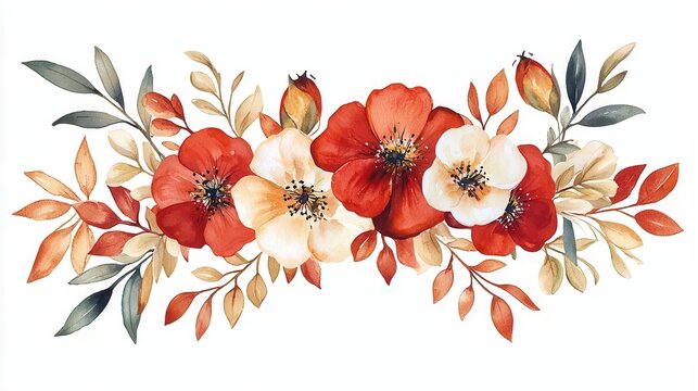Watercolor Floral Arrangement Red and Cream Blooms with Autumn Leaves