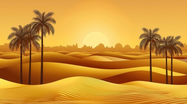 Golden Desert Sunset Palm Trees Silhouette Over Sand Dunes and Distant Cityscape