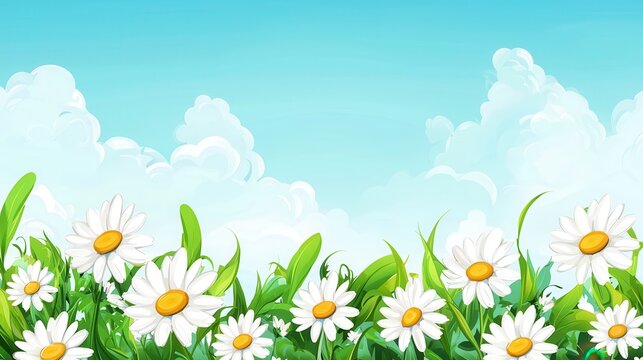 Sunny Day Meadow with Blooming Daisies and Fluffy Clouds